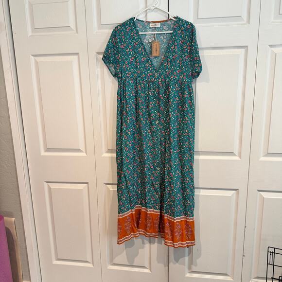 NEW Natural Life Avery Button Front Midi Dress Boho Floral V-Neck  Med - Picture 4 of 8